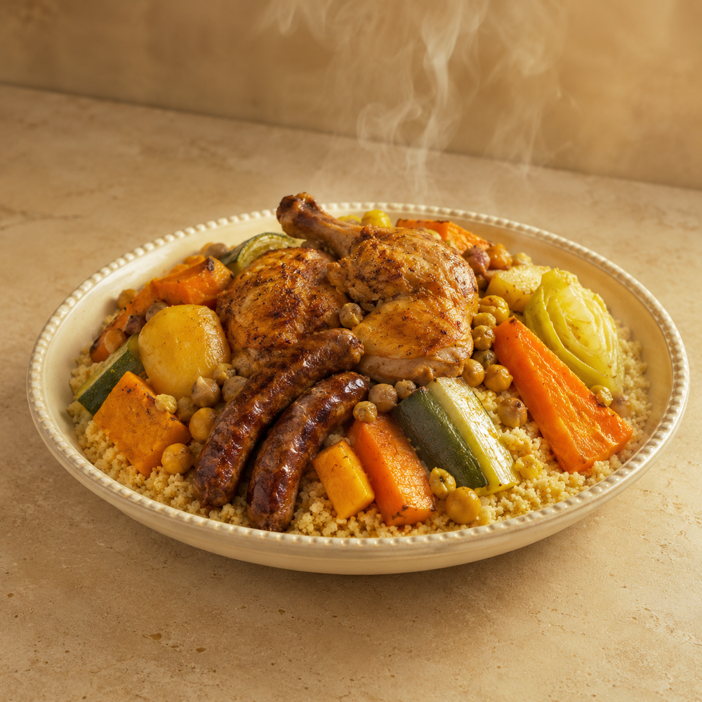 Couscous aux sept légumes, poulet et merguez